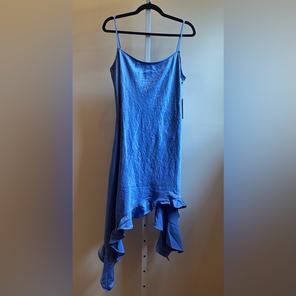 NEW Reformation Kylen Dress Sz Blue Ruffle Asymmetrical Hem